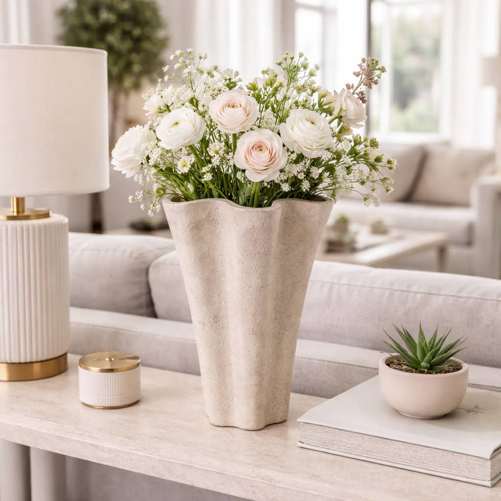 Decorative Vase - Gray Ceramic Refined Fluted, 14 in.