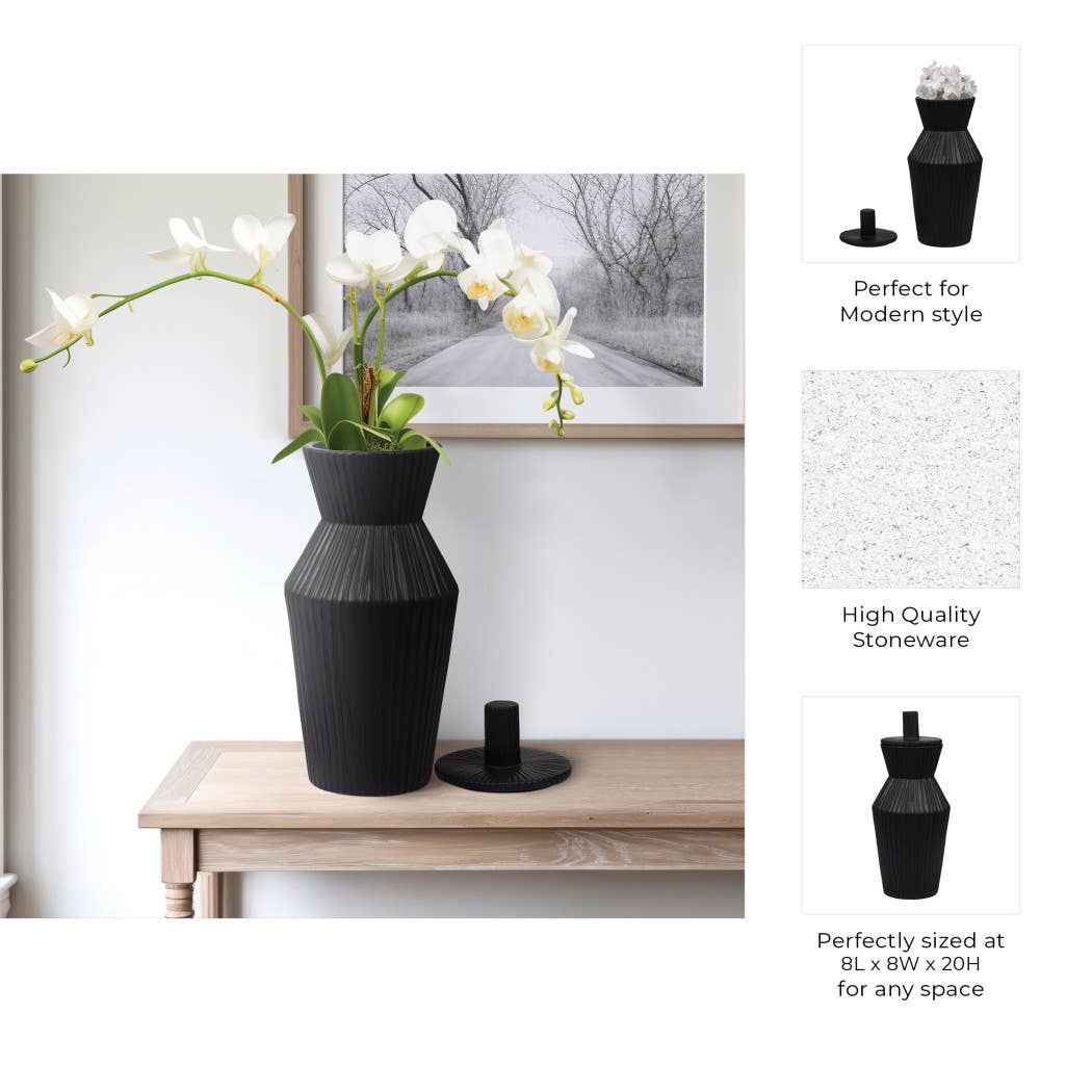 Decorative Vase - Black Ceramic Detailing Lidded Jar, 20 in.