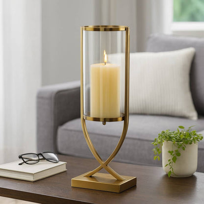 Candle Holder - Gold Metal Glass Cylindrical Pillar, 23 in.