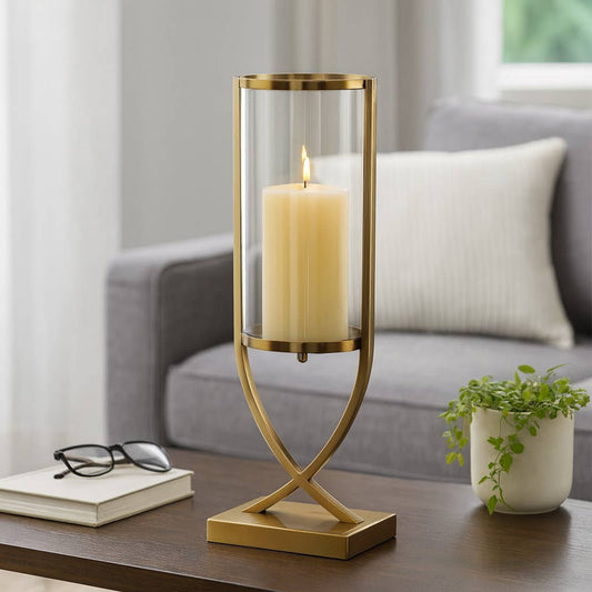 Candle Holder - Gold Metal Glass Cylindrical Pillar, 23 in.