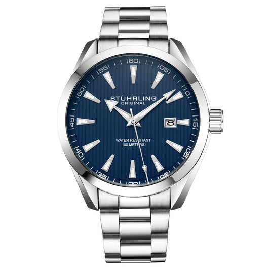 Stuhrling Original Symphony Men's Quartz Watch, Blue Dial, Silver Bezel, Silver Bracelet