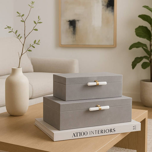 Boxes Set of 2 - Gray Suede Moonstone Hardware, 12/14 in.