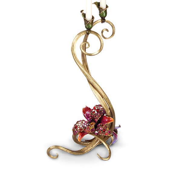 Jay Strongwater Roselyn Orchid Double Candlestick Holder, Flora Leaf Swarovski Crystal Enamel