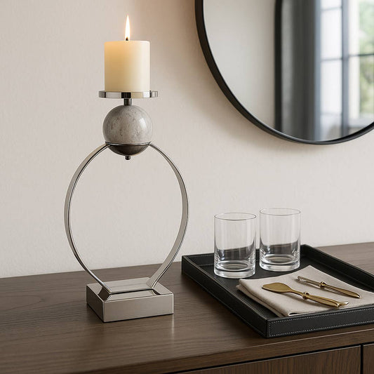 Candle Holder - Silver Metal with Marble Sphere, 21 in.
