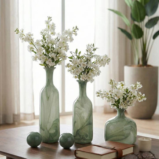 Vases Set of 3 - Green Glass Lidded Bottles, 12/17/19 in.