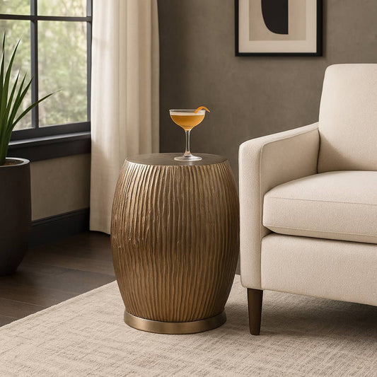 Decorative Stool - Champagne Metal Ribbed Drum, 19 in.