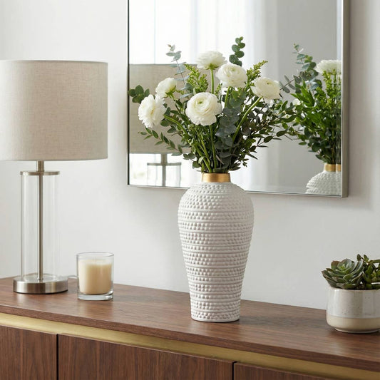 Decorative Vase - White Ceramic Textured Modern, 12 in.