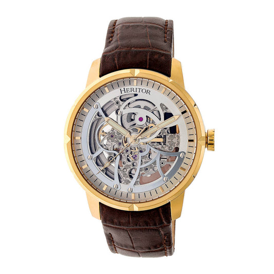 Heritor Ryder Men's Automatic Skeleton Leather Watch, Gold/Silver
