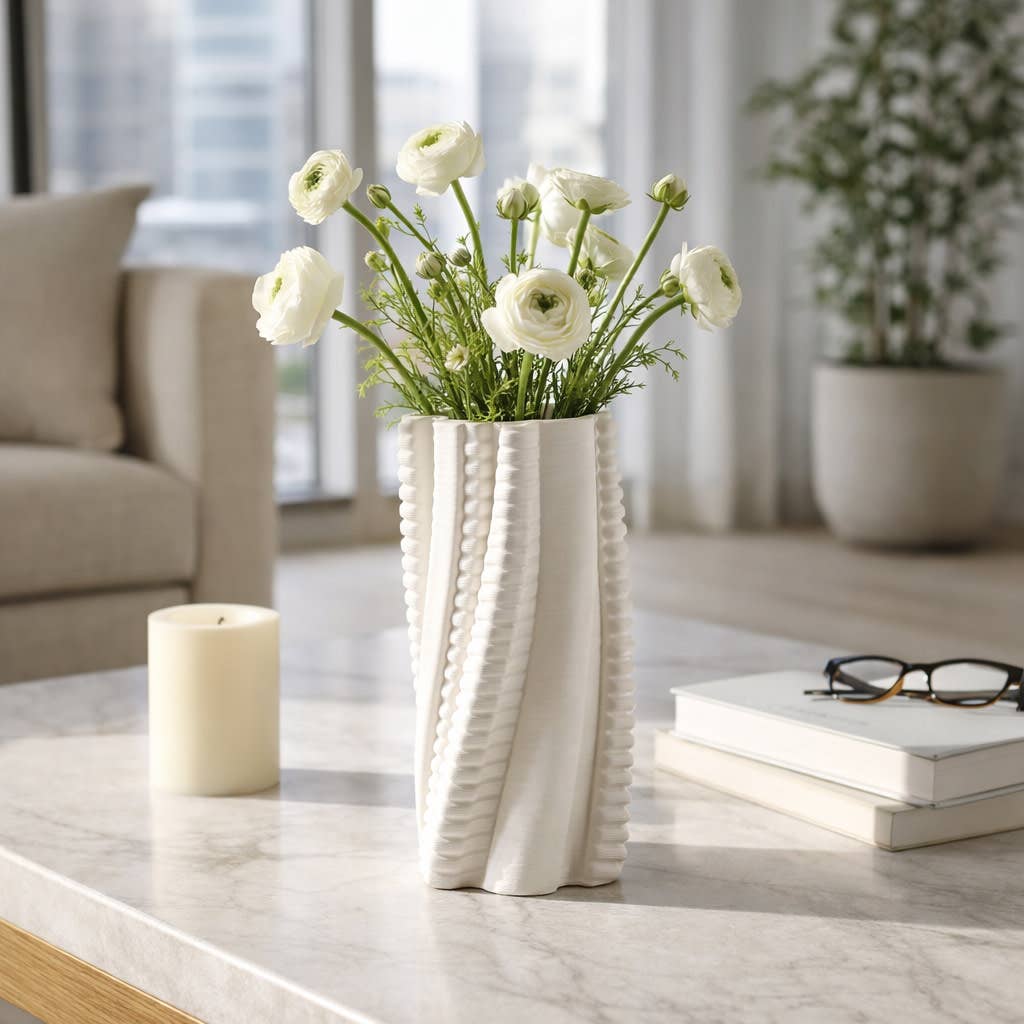 Decorative Vase - Ivory Porcelain Twisted 3D Printed, 13 in.