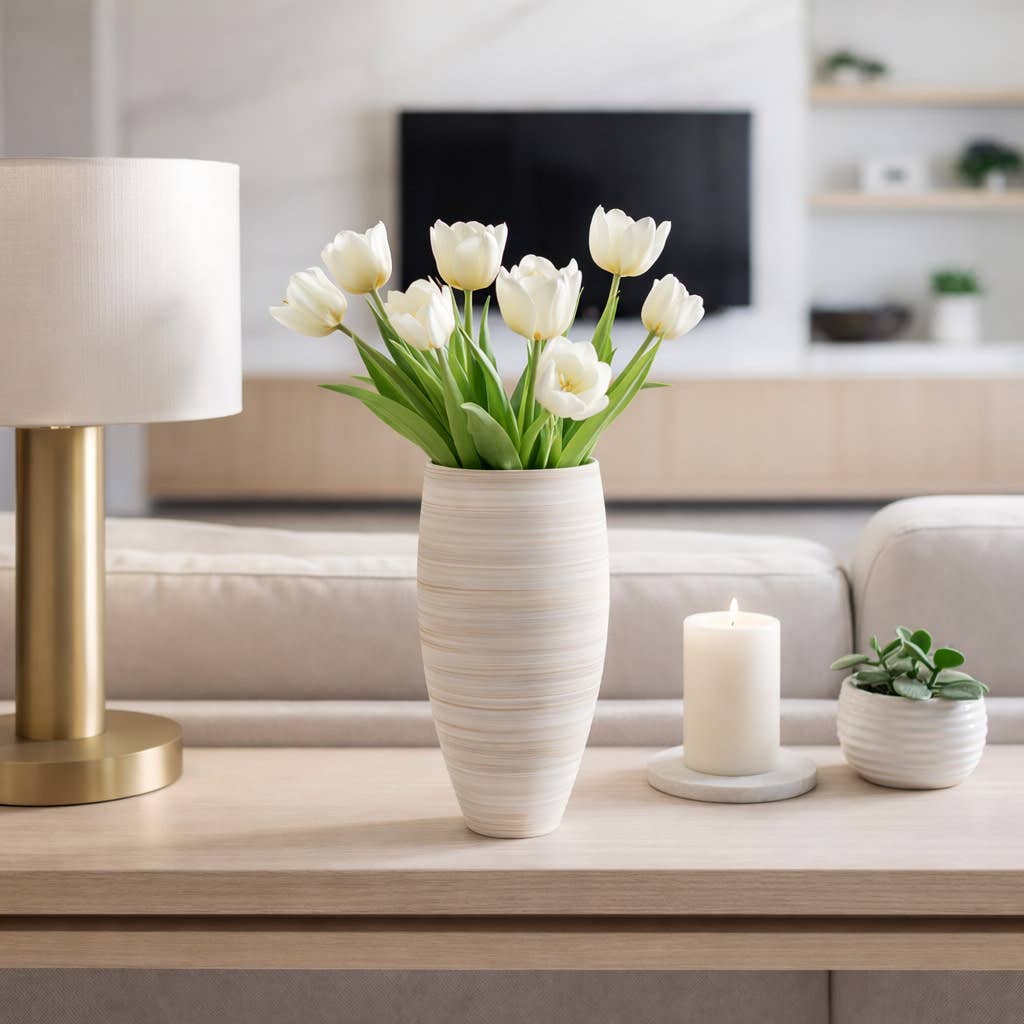 Decorative Vase - Ivory Porcelain 3D Printed Curved, 14 in.