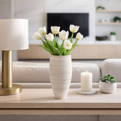 Decorative Vase - Ivory Porcelain 3D Printed Curved, 14 in.