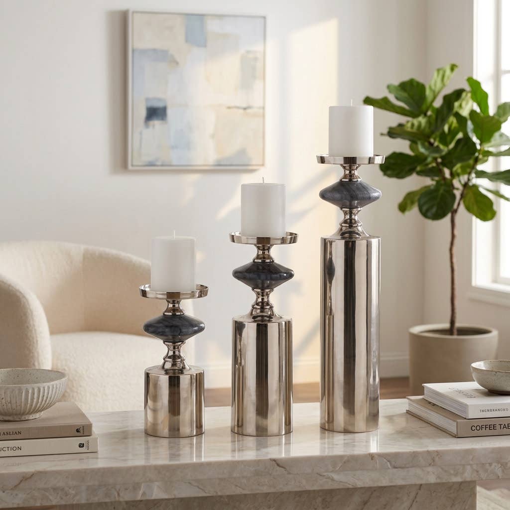Candle Holder Set of 3 - Silver and Gray Marble, 9/12/16 in