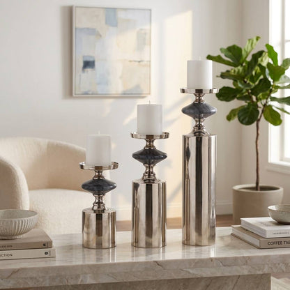 Candle Holder Set of 3 - Silver and Gray Marble, 9/12/16 in