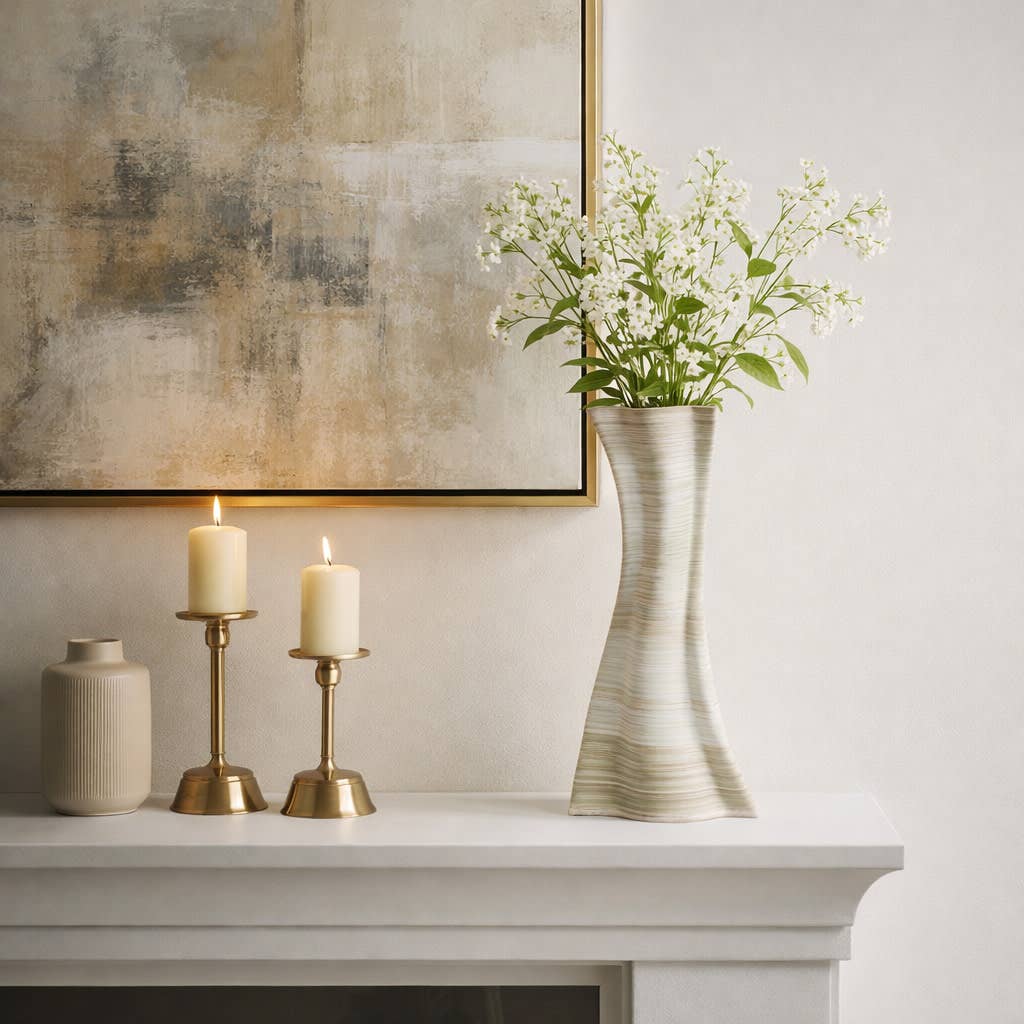 Decorative Vase - Ivory Porcelain 3D Printed Contours, 15 in.
