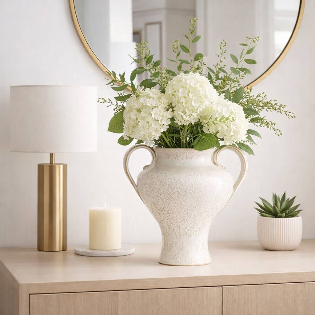 Decorative Vase - White Ceramic Small Urn Design, 16 in.