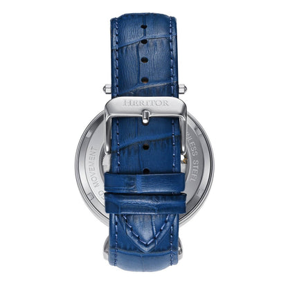 Heritor Lincoln Men's Automatic Semi-Skeleton Leather Watch, Silver/Blue