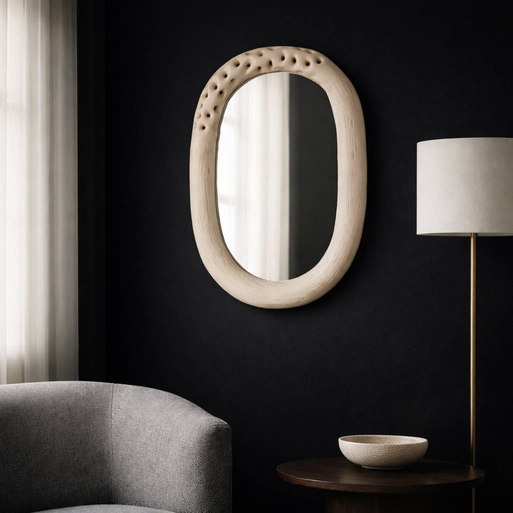Wall Mirror - Brown Cement Wood Oval Framed, 20x12 in.
