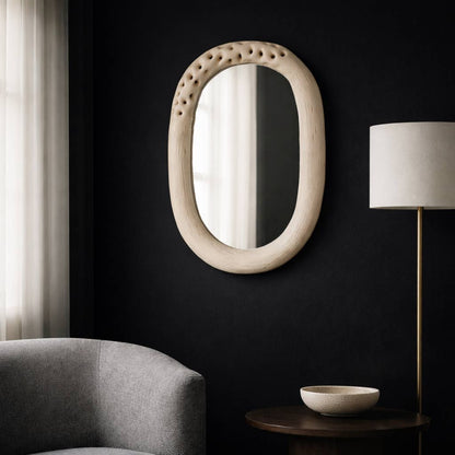 Wall Mirror - Brown Cement Wood Oval Framed, 20x12 in.