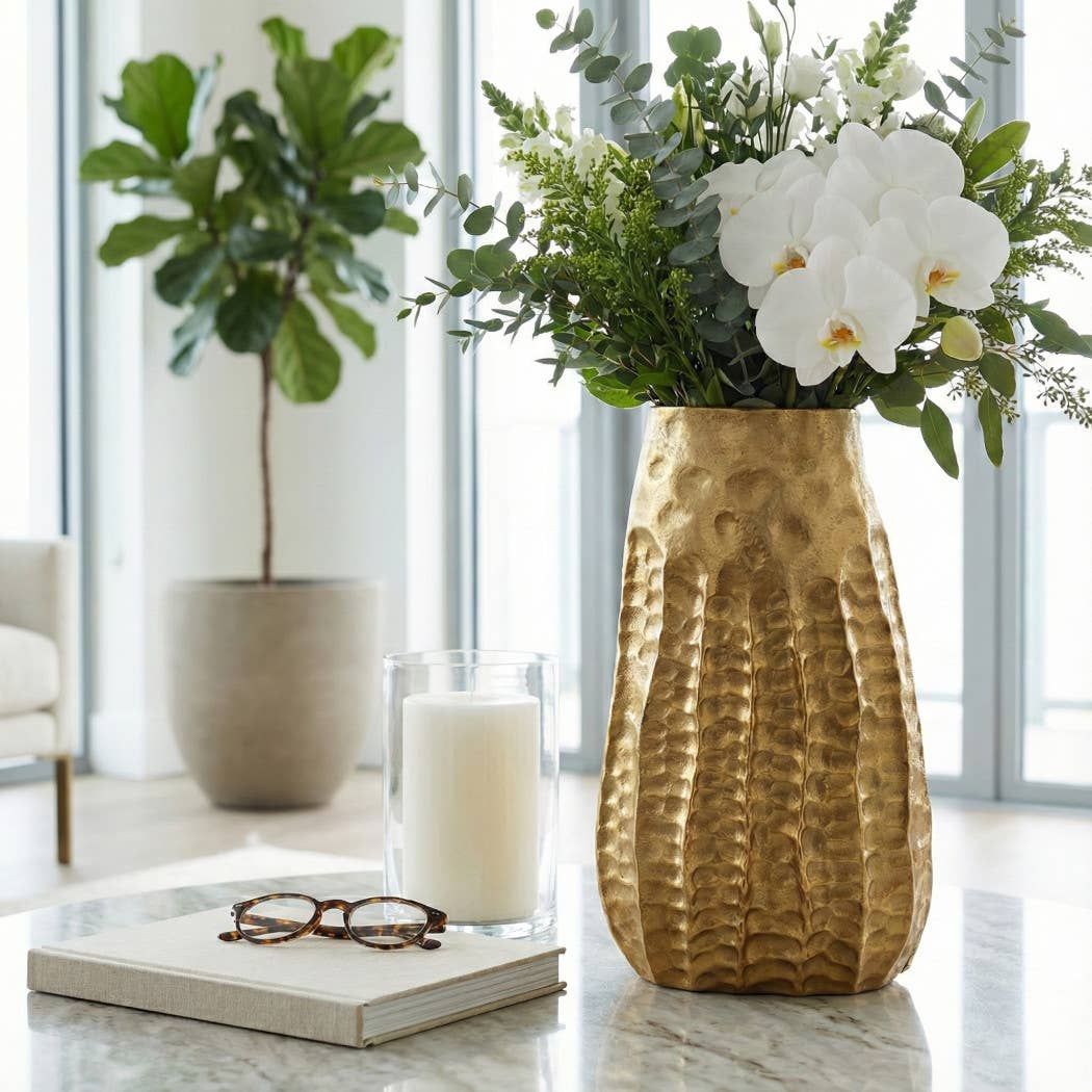 Decorative Vase - Gold Aluminum Textured Accent, 17 in.