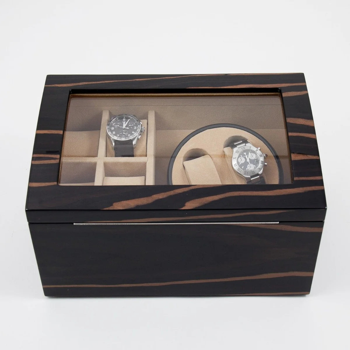 Bey-Berk VP Dual Watch Winder & Storage Box – Ebony Burl Wood