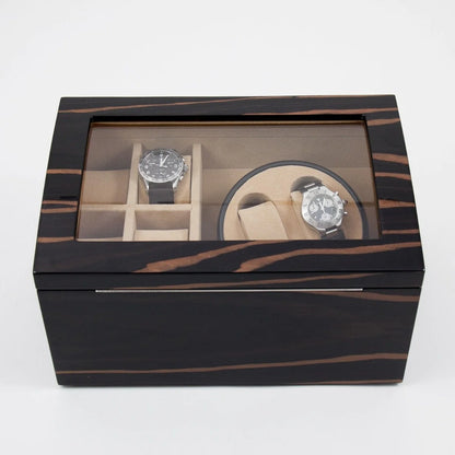 Bey-Berk VP Dual Watch Winder & Storage Box – Ebony Burl Wood