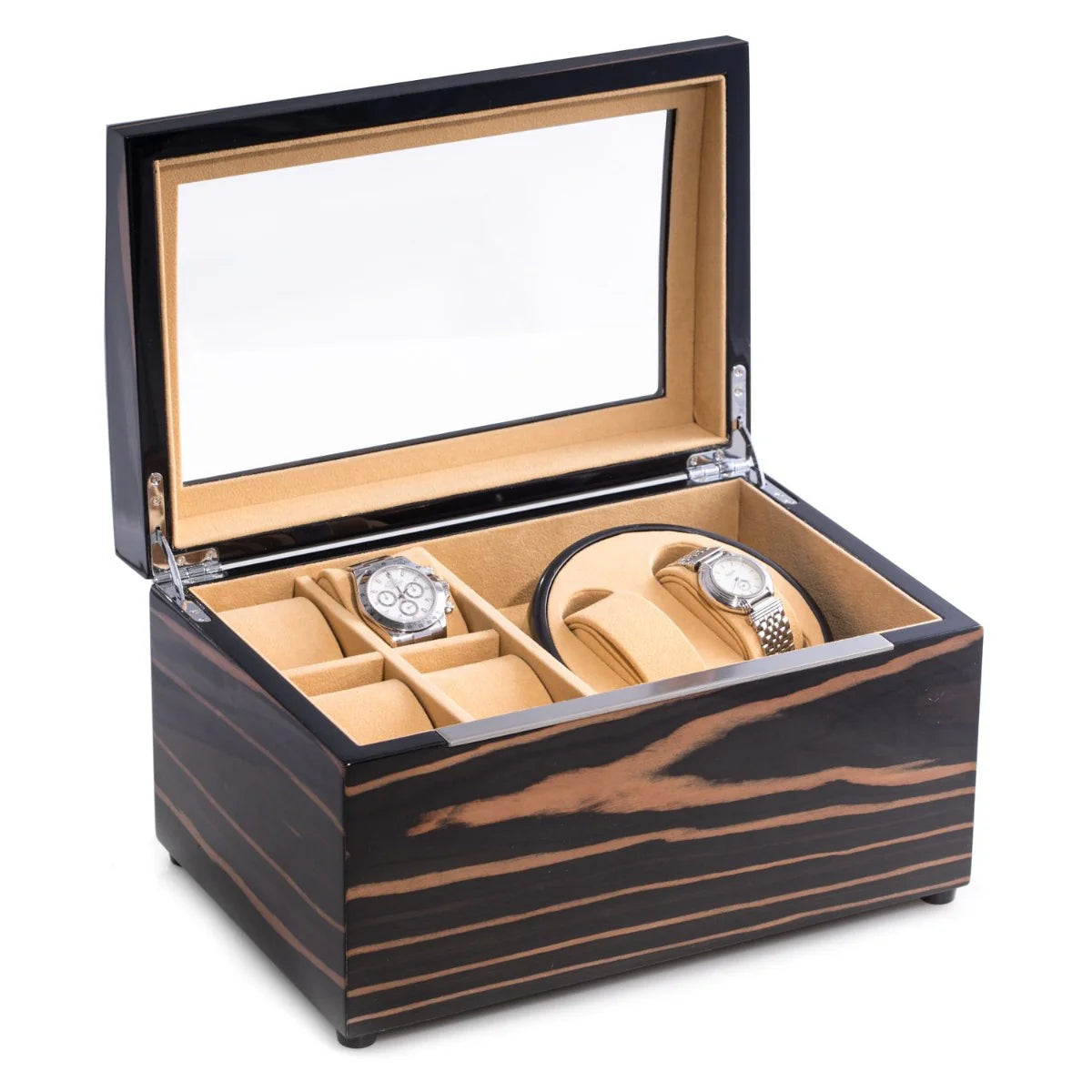 Bey-Berk VP Dual Watch Winder & Storage Box – Ebony Burl Wood