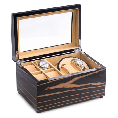 Bey-Berk VP Dual Watch Winder & Storage Box – Ebony Burl Wood
