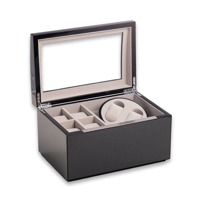 James 2-Watch Winder & 4-Watch Storage Case – Carbon Fiber Finish