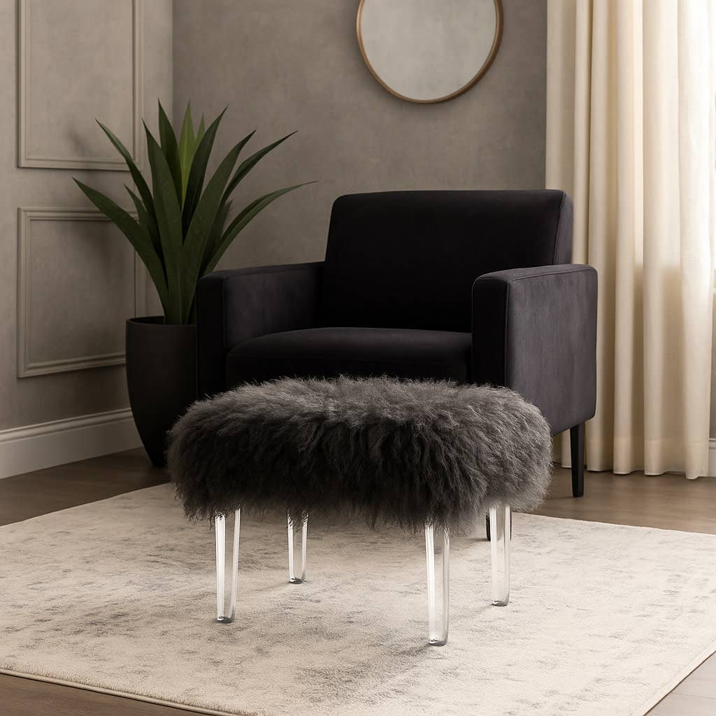 Bench - Black Acrylic Fur Upholstered Chic Accent, 26 in.