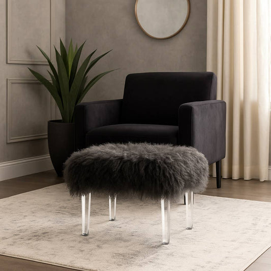 Bench - Black Acrylic Fur Upholstered Chic Accent, 26 in.