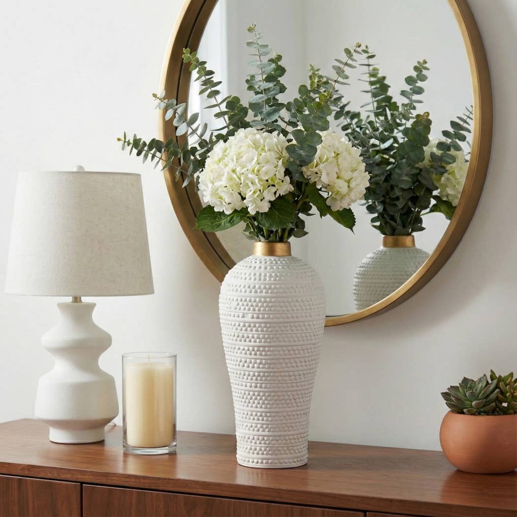 Decorative Vase - White Ceramic Textured Modern, 14 in.