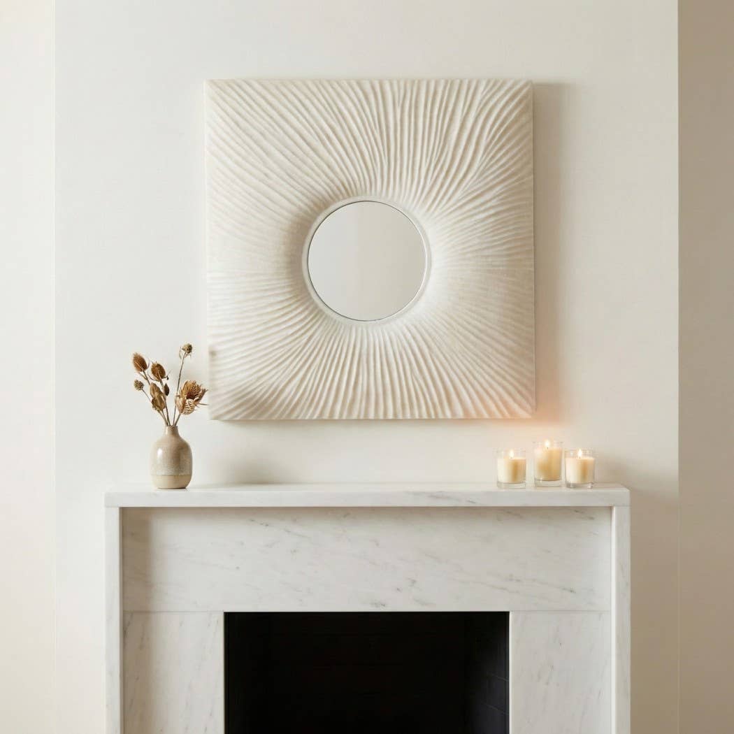 Mirror - White Resin Square Frame Textured Sunburst, 24 in.