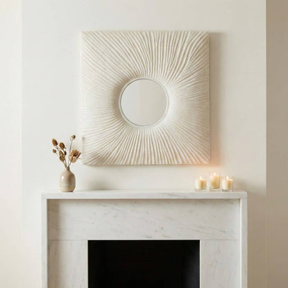 Mirror - White Resin Square Frame Textured Sunburst, 24 in.
