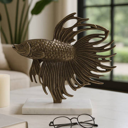 Sculpture - Gold Metal Accomac Fish On Marble Stand, 10 in.