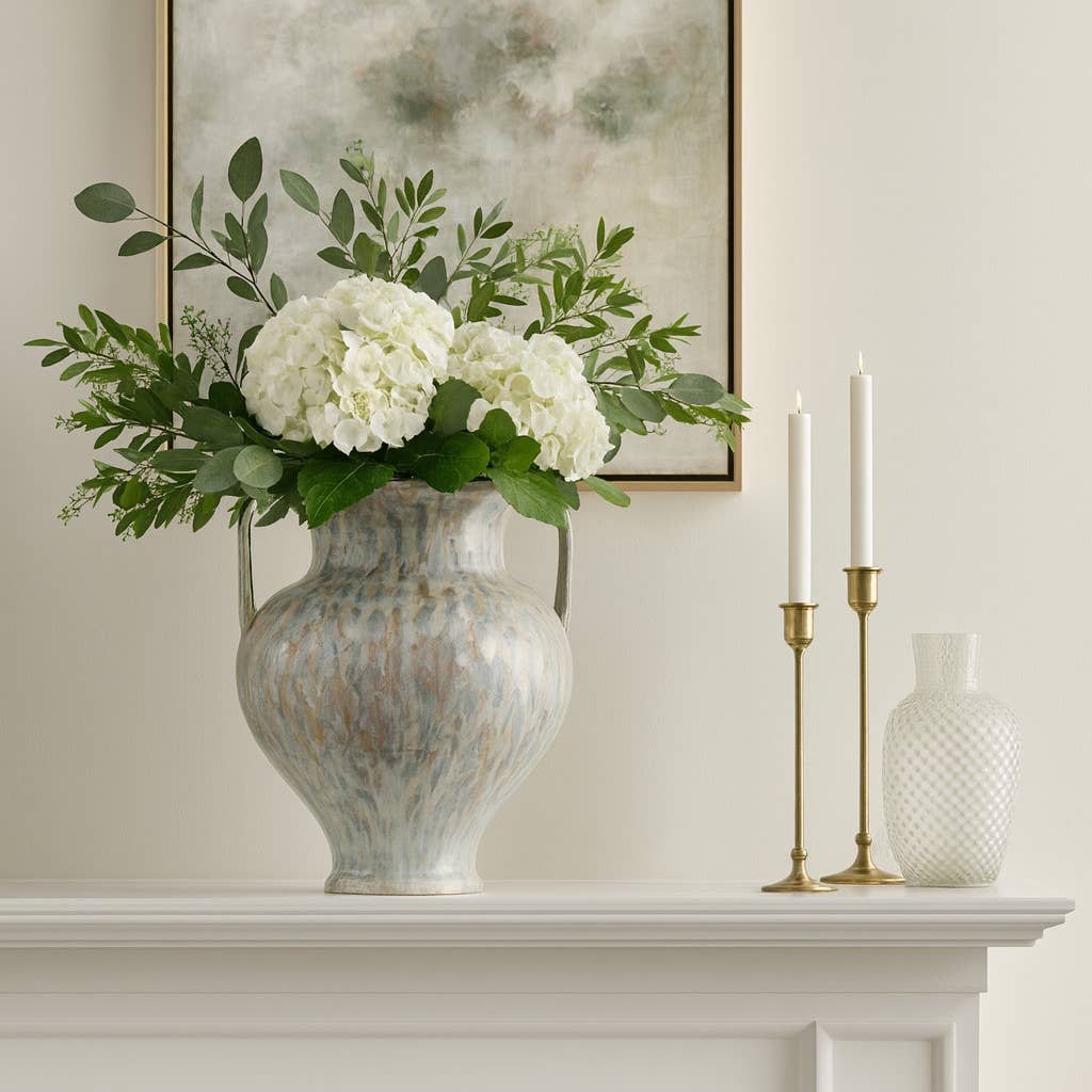 Decorative Vase - Gray Ceramic Two-Tone Handles Urn, 16 in.