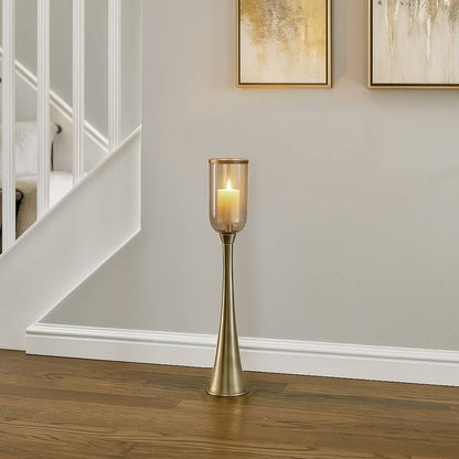 Candle Holder - Gold Metal Glass Hurricane Design, 34 in.