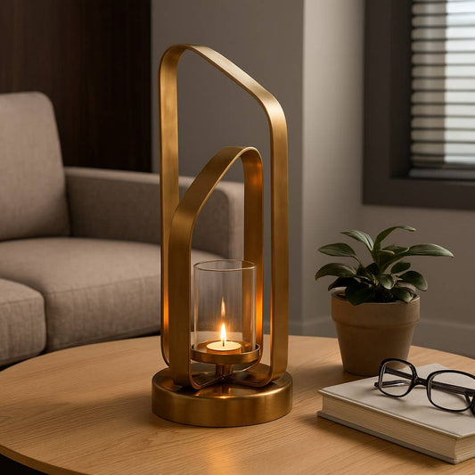 Candle Holder - Gold Metal Stylish Hurricane, 17 in.