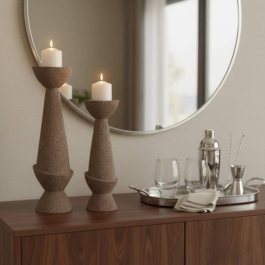 Candle Holder Set of 2 - Tan Resin Textured Pillar, 16/20 in
