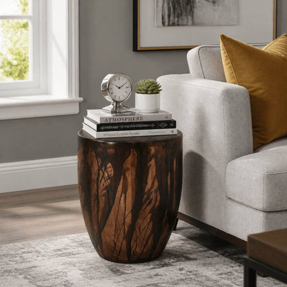 Side Table - Brown Metal Handcrafted Drum Design, 19 in.