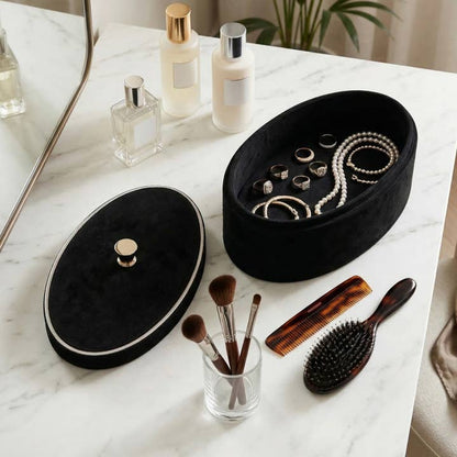 Decorative Box - Black Wood Round Removable Lid, 14 in.