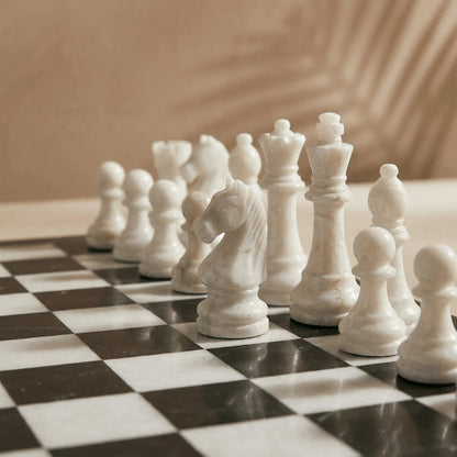 Black & White Marble Chess Set with Storage Case – Luxury 13" Handmade Stone Chess Board