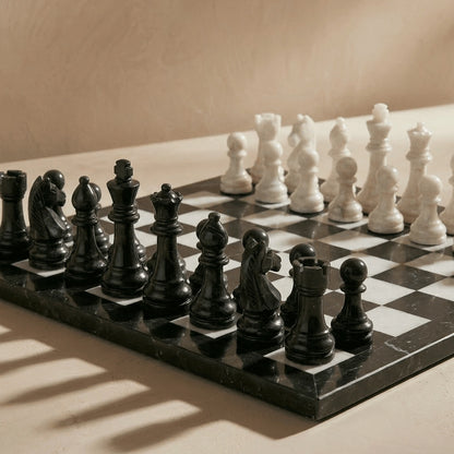 Black & White Marble Chess Set with Storage Case – Luxury 13" Handmade Stone Chess Board
