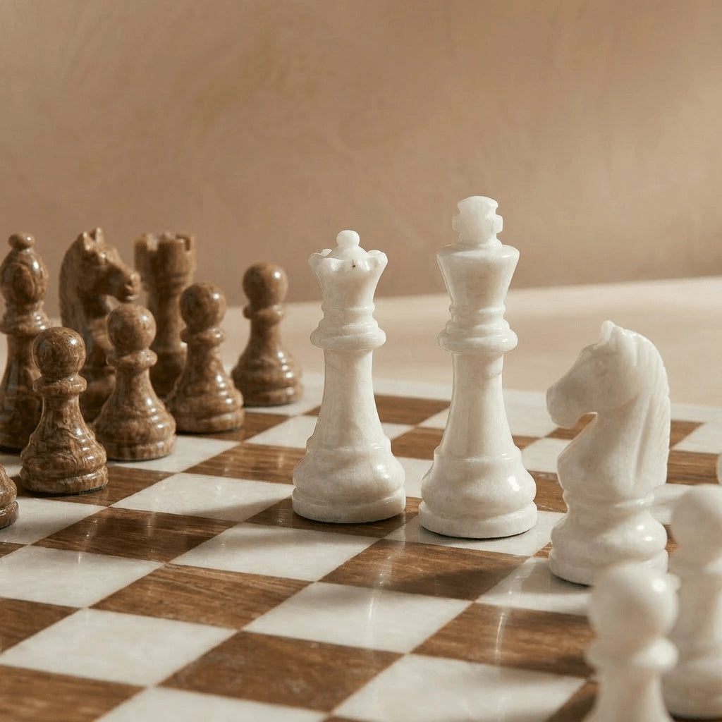 Brown & White Marble Chess Set with Storage Case – Luxury Handmade Stone Chess Board