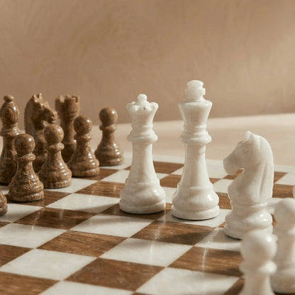 Brown & White Marble Chess Set with Storage Case – Luxury Handmade Stone Chess Board