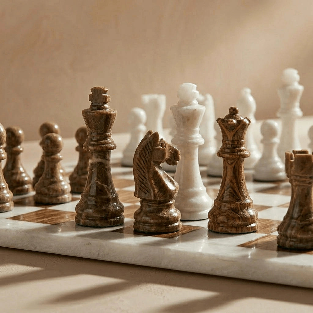 Brown & White Marble Chess Set with Storage Case – Luxury Handmade Stone Chess Board