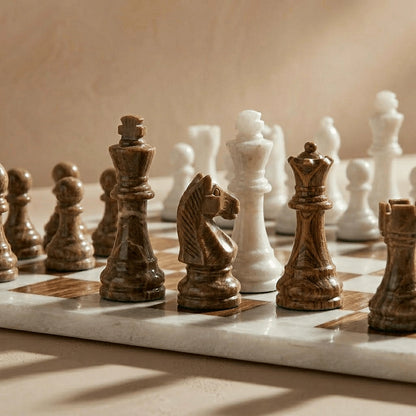 Brown & White Marble Chess Set with Storage Case – Luxury Handmade Stone Chess Board