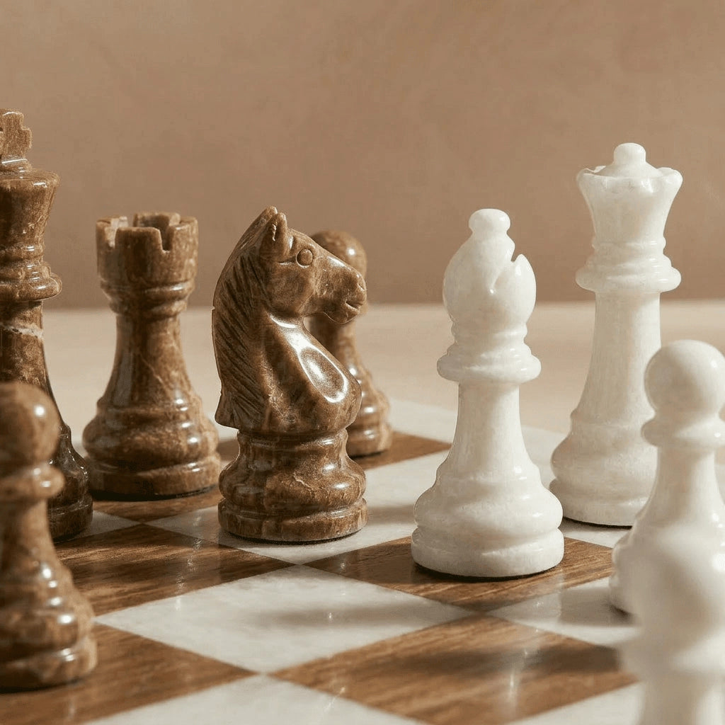 Brown & White Marble Chess Set with Storage Case – Luxury Handmade Stone Chess Board