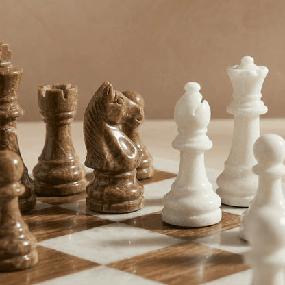 Brown & White Marble Chess Set with Storage Case – Luxury Handmade Stone Chess Board