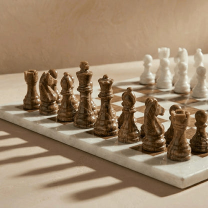 Brown & White Marble Chess Set with Storage Case – Luxury Handmade Stone Chess Board