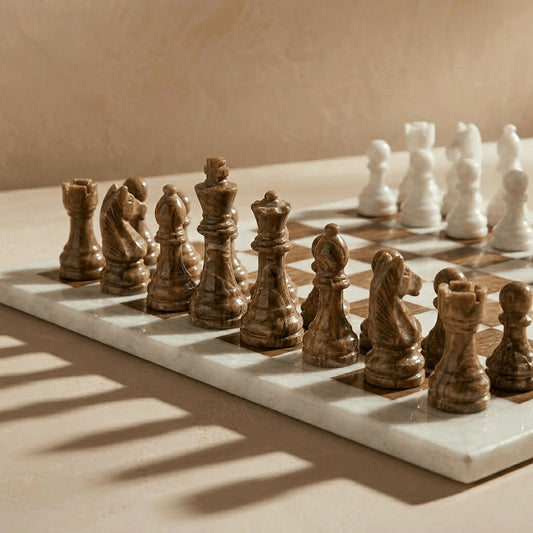 Brown & White Marble Chess Set with Storage Case – Luxury Handmade Stone Chess Board